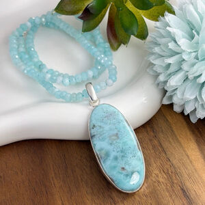 XL Top Quality Larimar Pendant Aquamarine Necklace New Solid Sterling Silver 925